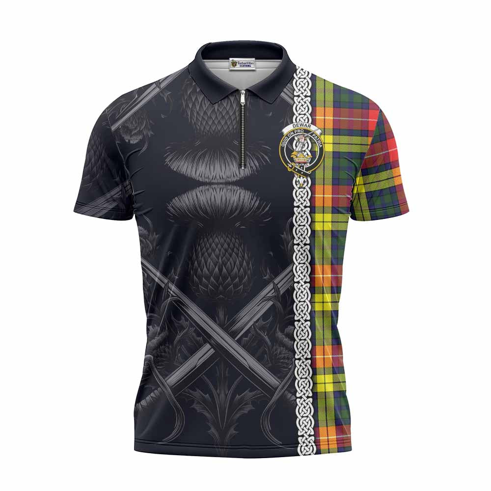 Tartan Vibes Clothing Dewar Tartan Zipper Polo Shirt with Family Crest Cross Sword Thistle Celtic Vibes