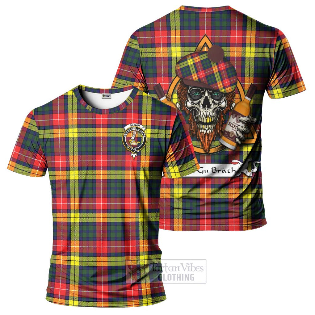 Tartan Vibes Clothing Dewar Tartan T-Shirt with Family Crest and Bearded Skull Holding Bottles of Whiskey