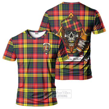 Dewar Tartan T-Shirt with Family Crest and Bearded Skull Holding Bottles of Whiskey