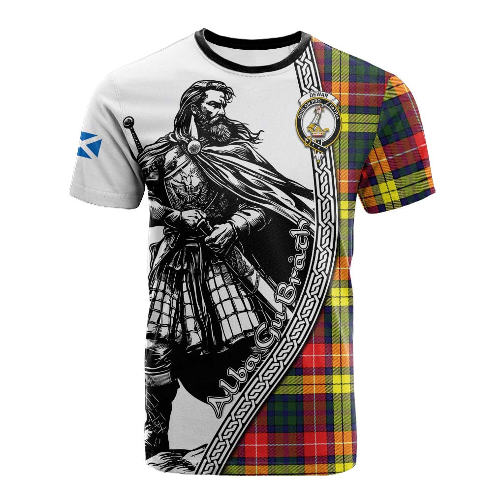 Dewar Tartan Clan Crest Cotton T-shirt with Highlander Warrior Celtic Style