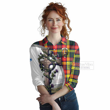 Dewar Tartan Women's Casual Shirt with Family Crest and St. Andrew's Cross Accented by Thistle Vines