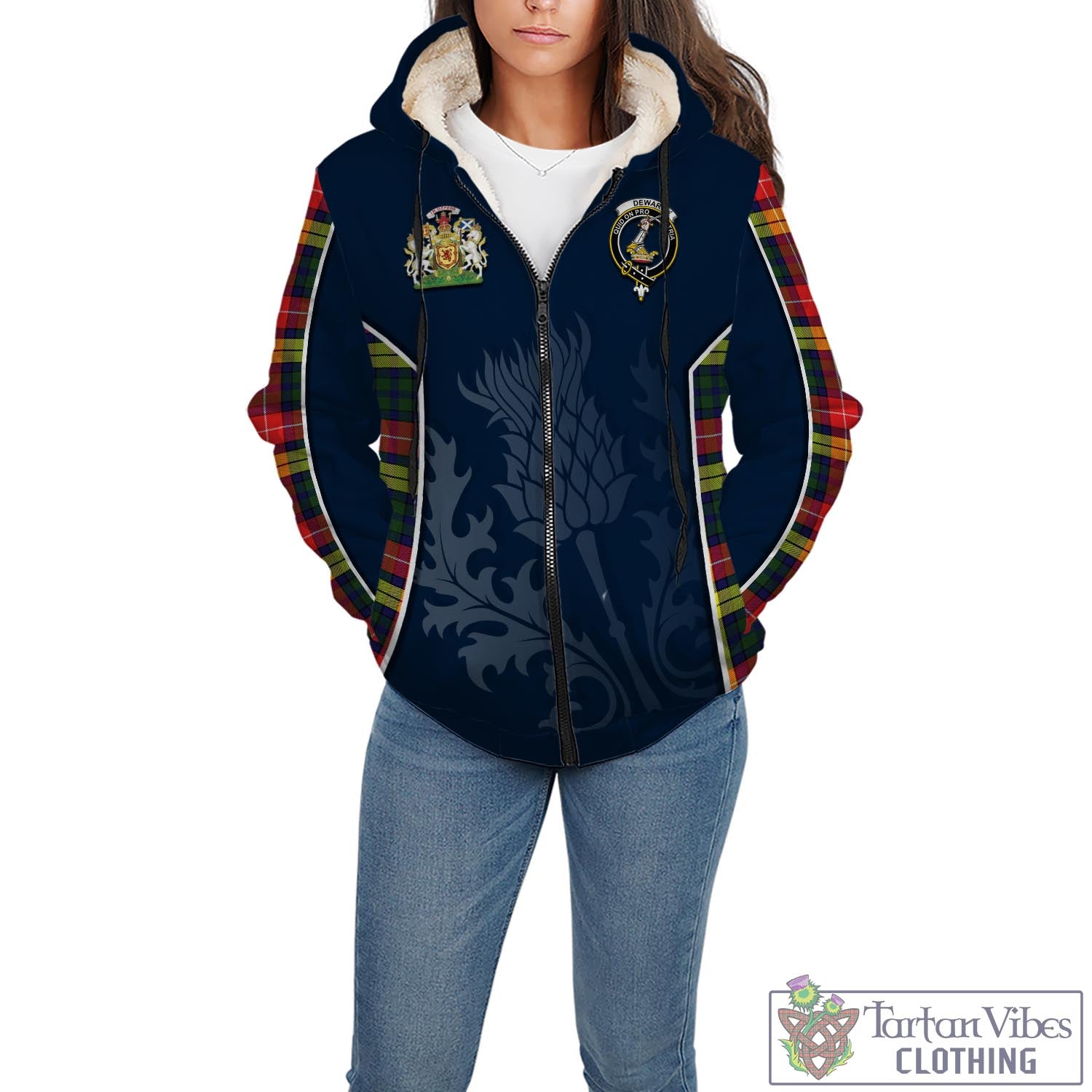 Tartan Vibes Clothing Dewar Tartan Sherpa Hoodie with Family Crest and Scottish Thistle Vibes Sport Style