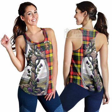 Dewar Tartan Women's Racerback Tanks with Family Crest and St. Andrew's Cross Accented by Thistle Vines