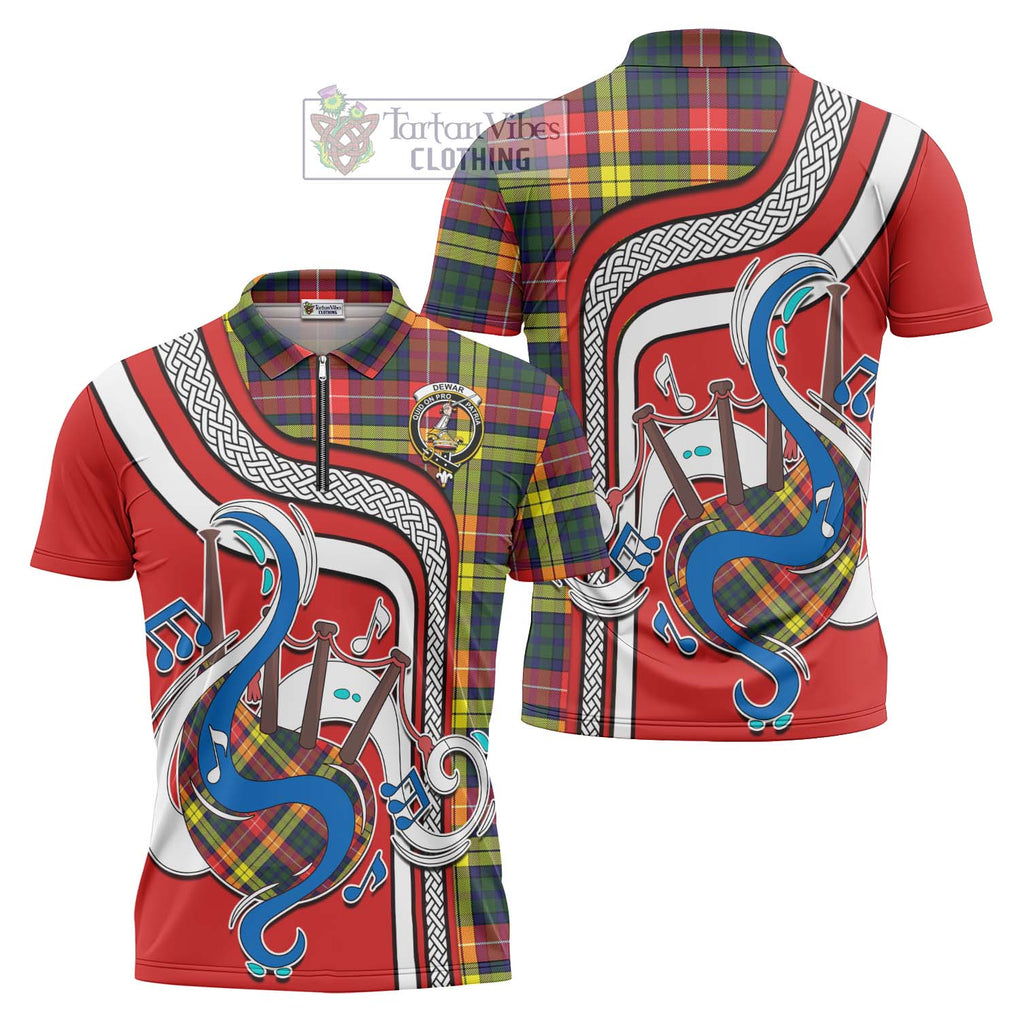 Dewar Tartan Zipper Polo Shirt with Epic Bagpipe Style Unisex - Tartanvibesclothing Shop