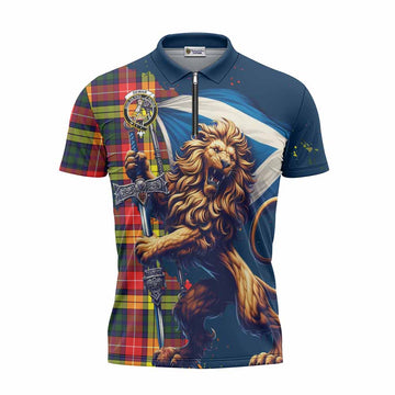 Dewar Tartan Family Crest Zipper Polo Shirt with Scottish Majestic Lion