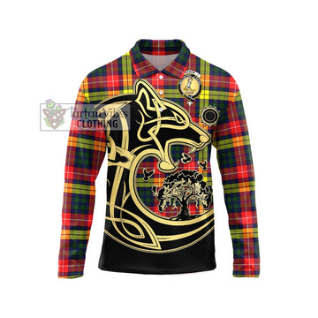 Dewar Tartan Long Sleeve Polo Shirt with Family Crest Celtic Wolf Style Unisex - Tartan Vibes Clothing