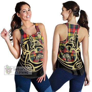 Dewar Tartan Women's Racerback Tanks with Family Crest Celtic Wolf Style