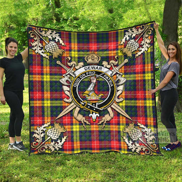 Dewar Tartan Quilt with Family Crest and Scottish Golden Courage Shield