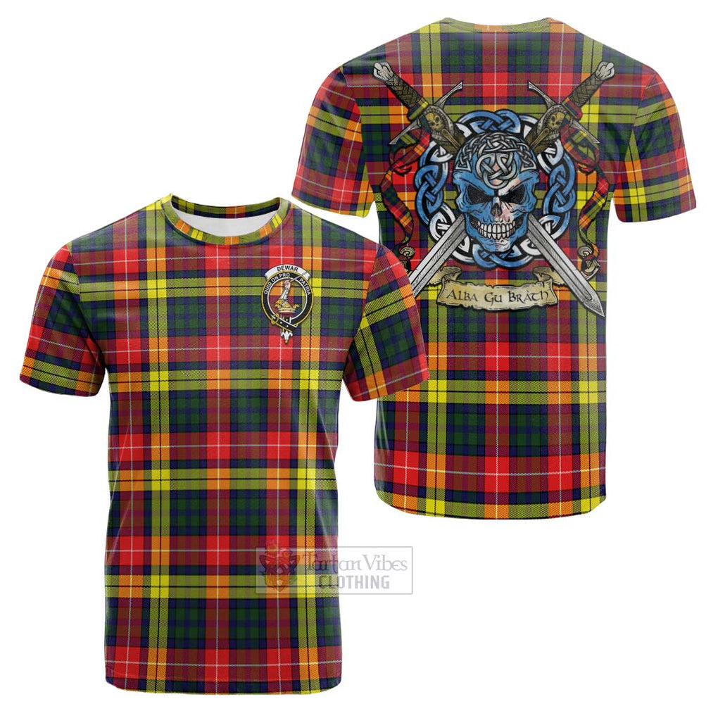 Tartan Vibes Clothing Dewar Tartan Cotton T-shirt with Family Crest Celtic Skull Style