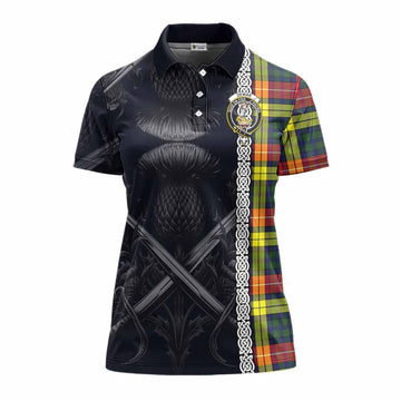 Dewar Tartan Women's Polo Shirt with Family Crest Cross Sword Thistle Celtic Vibes