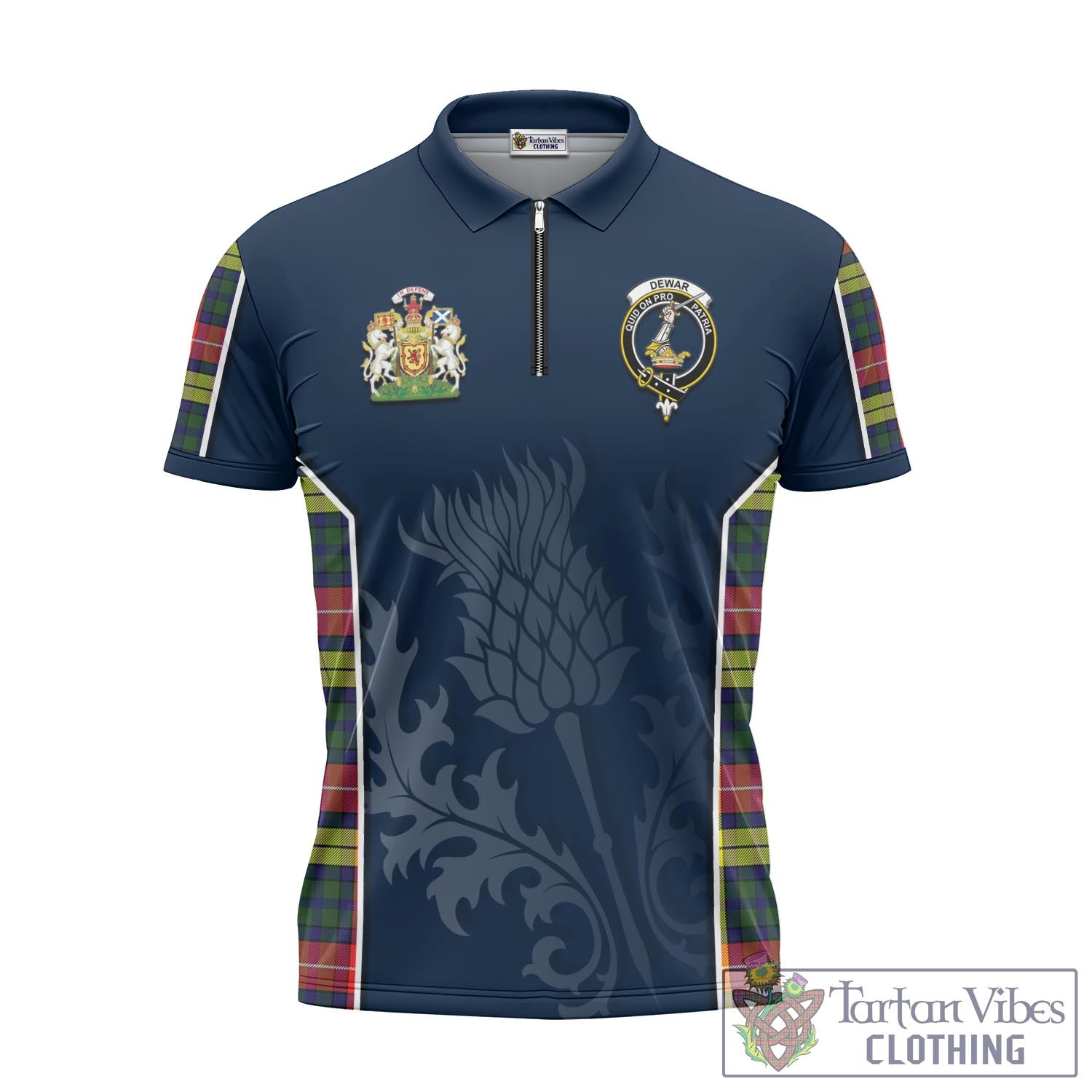 Tartan Vibes Clothing Dewar Tartan Zipper Polo Shirt with Family Crest and Scottish Thistle Vibes Sport Style