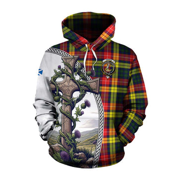 Dewar Tartan Cotton Hoodie with Family Crest and St. Andrew's Cross Accented by Thistle Vines Pullover Hoodie XS - Tartan Vibes Clothing