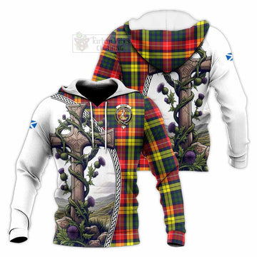 Dewar Tartan Knitted Hoodie with Family Crest and St. Andrew's Cross Accented by Thistle Vines