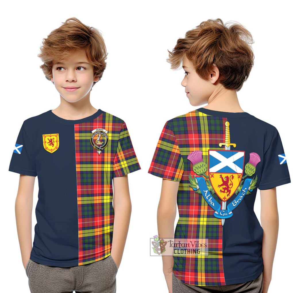 Tartan Vibes Clothing Dewar Tartan Kid T-Shirt with Scottish Lion Royal Arm Half Style