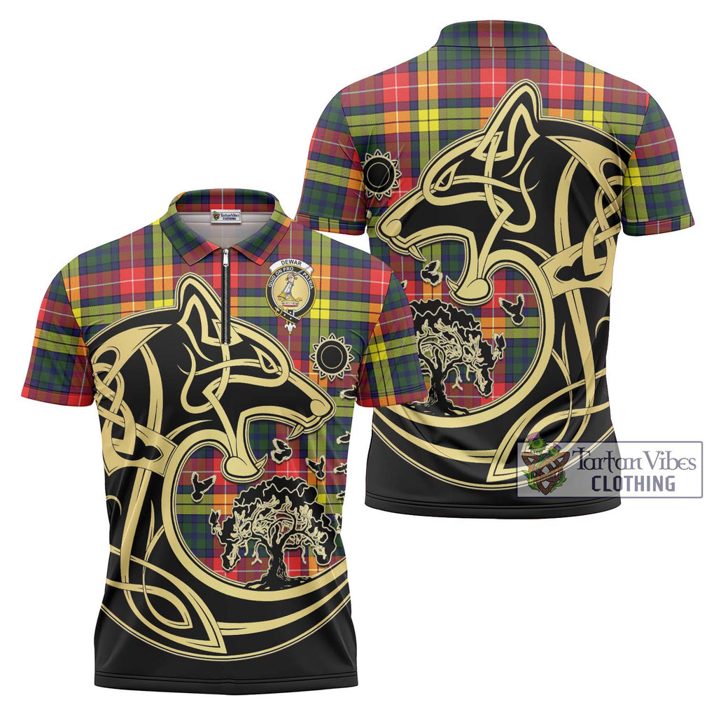 Dewar Tartan Zipper Polo Shirt with Family Crest Celtic Wolf Style Unisex - Tartanvibesclothing Shop