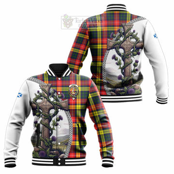 Dewar Tartan Baseball Jacket with Family Crest and St. Andrew's Cross Accented by Thistle Vines