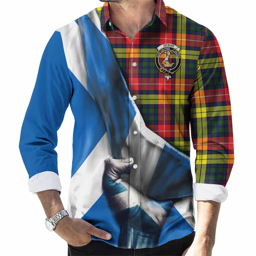 Tartan Vibes Clothing Dewar Tartan Long Sleeve Button Shirt with Family Crest Scotland Patriotic Style