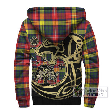 Dewar Tartan Sherpa Hoodie with Family Crest Celtic Wolf Style