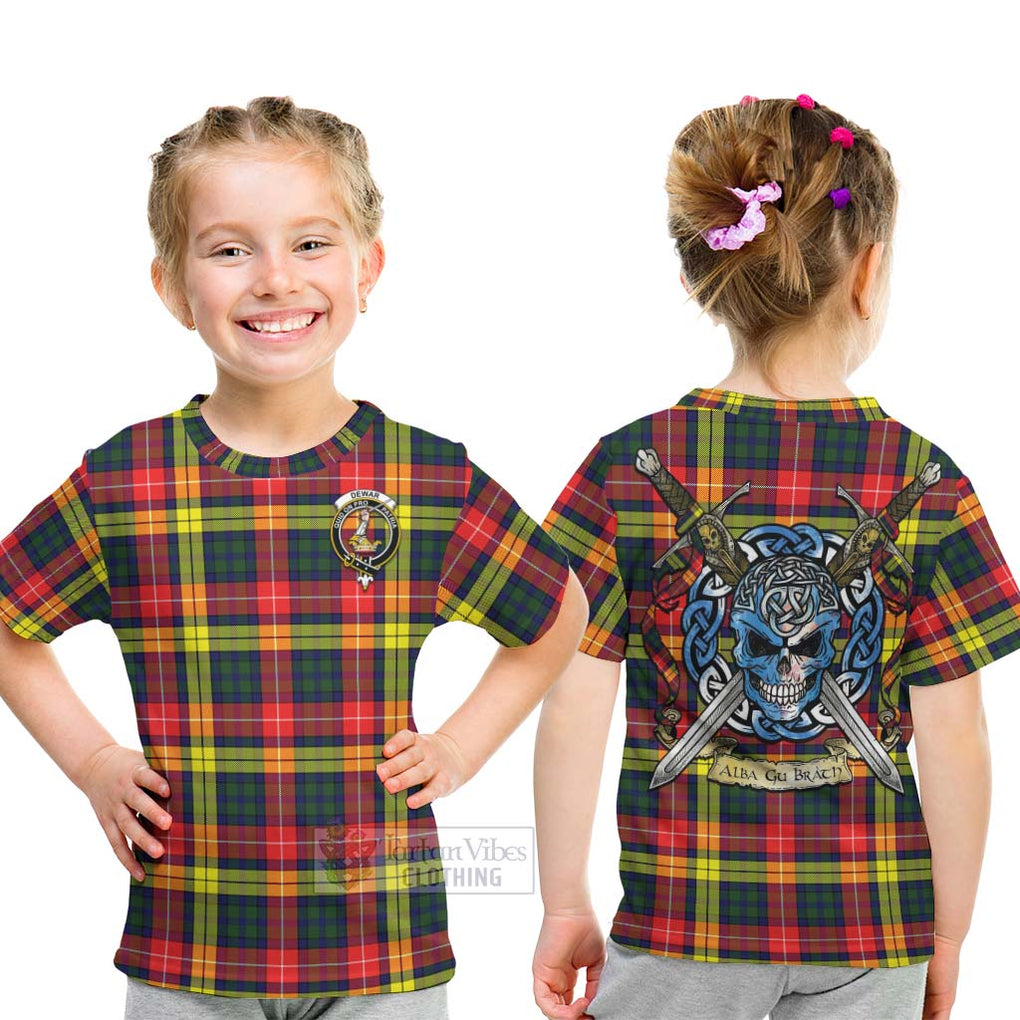 Tartan Vibes Clothing Dewar Tartan Kid T-Shirt with Family Crest Celtic Skull Style