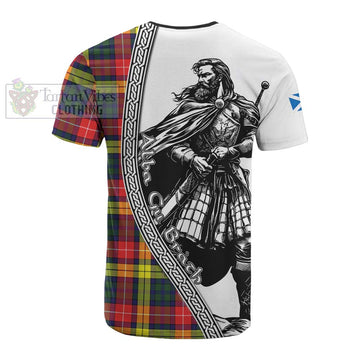 Dewar Tartan Clan Crest Cotton T-shirt with Highlander Warrior Celtic Style