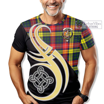 Dewar Tartan T-Shirt with Family Crest and Celtic Symbol Style