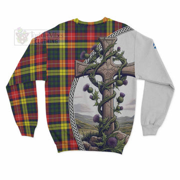 Dewar Tartan Sweatshirt with Family Crest and St. Andrew's Cross Accented by Thistle Vines