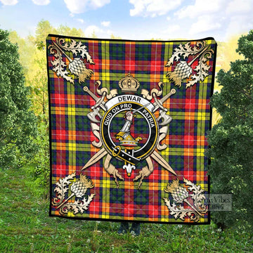 Dewar Tartan Quilt with Family Crest and Scottish Golden Courage Shield