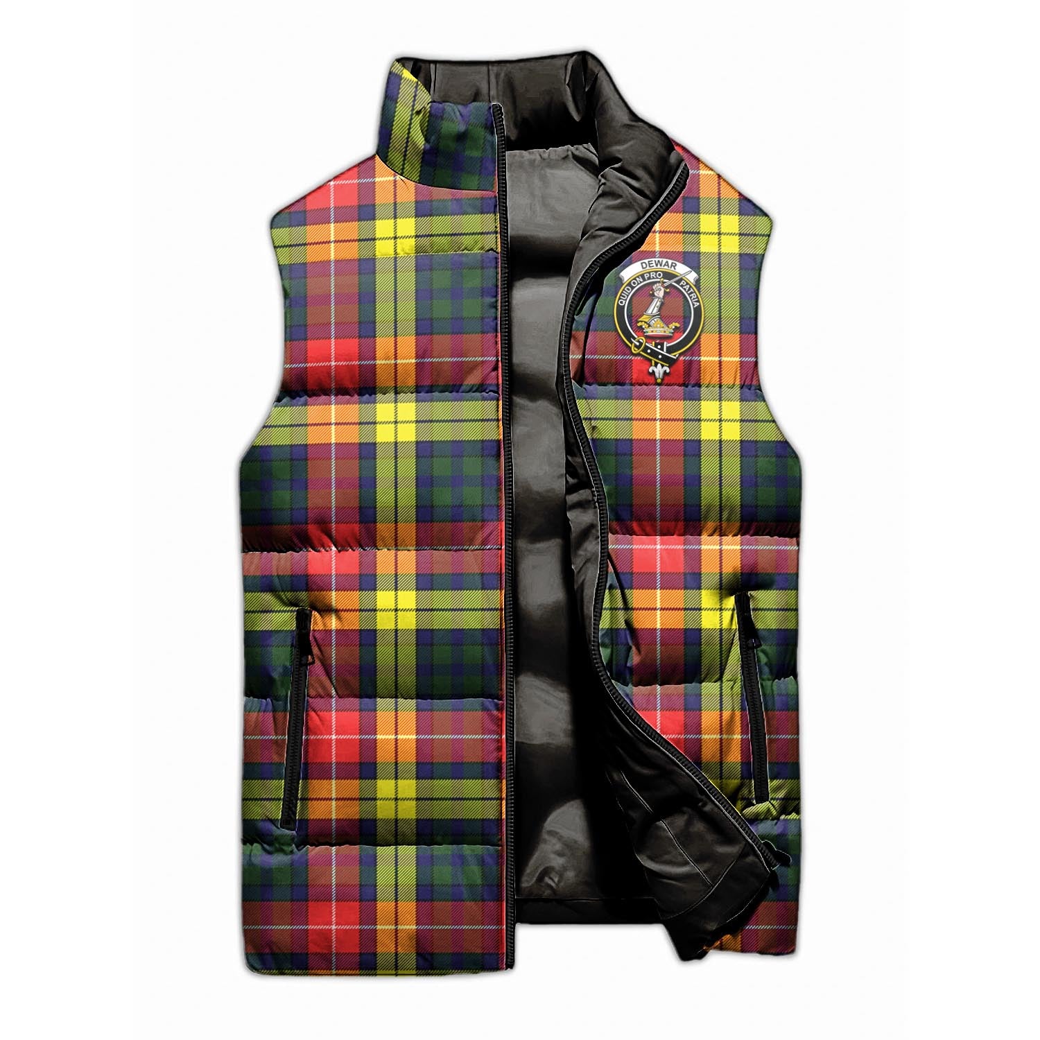 Dewar Tartan Sleeveless Puffer Jacket with Family Crest - Tartanvibesclothing