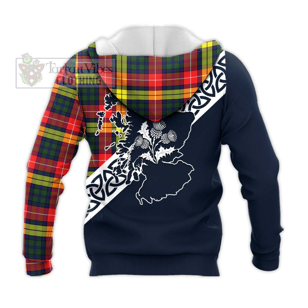 Tartan Vibes Clothing Dewar Tartan Knitted Hoodie Featuring Thistle and Scotland Map