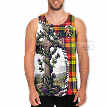 Dewar Tartan Men's Tank Top with Family Crest and St. Andrew's Cross Accented by Thistle Vines