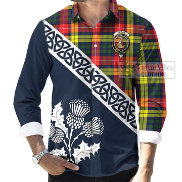 Dewar Tartan Long Sleeve Button Shirt Featuring Thistle and Scotland Map