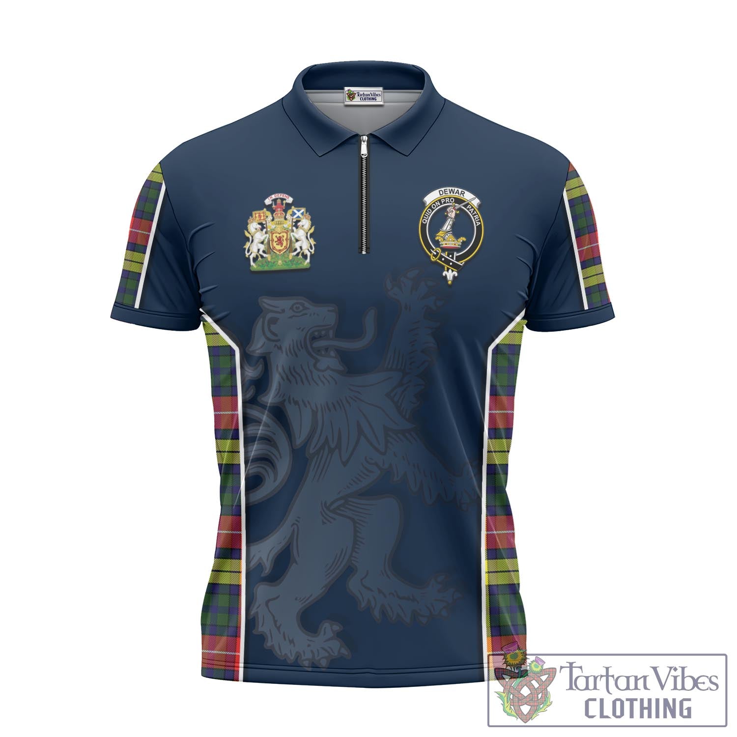 Tartan Vibes Clothing Dewar Tartan Zipper Polo Shirt with Family Crest and Lion Rampant Vibes Sport Style