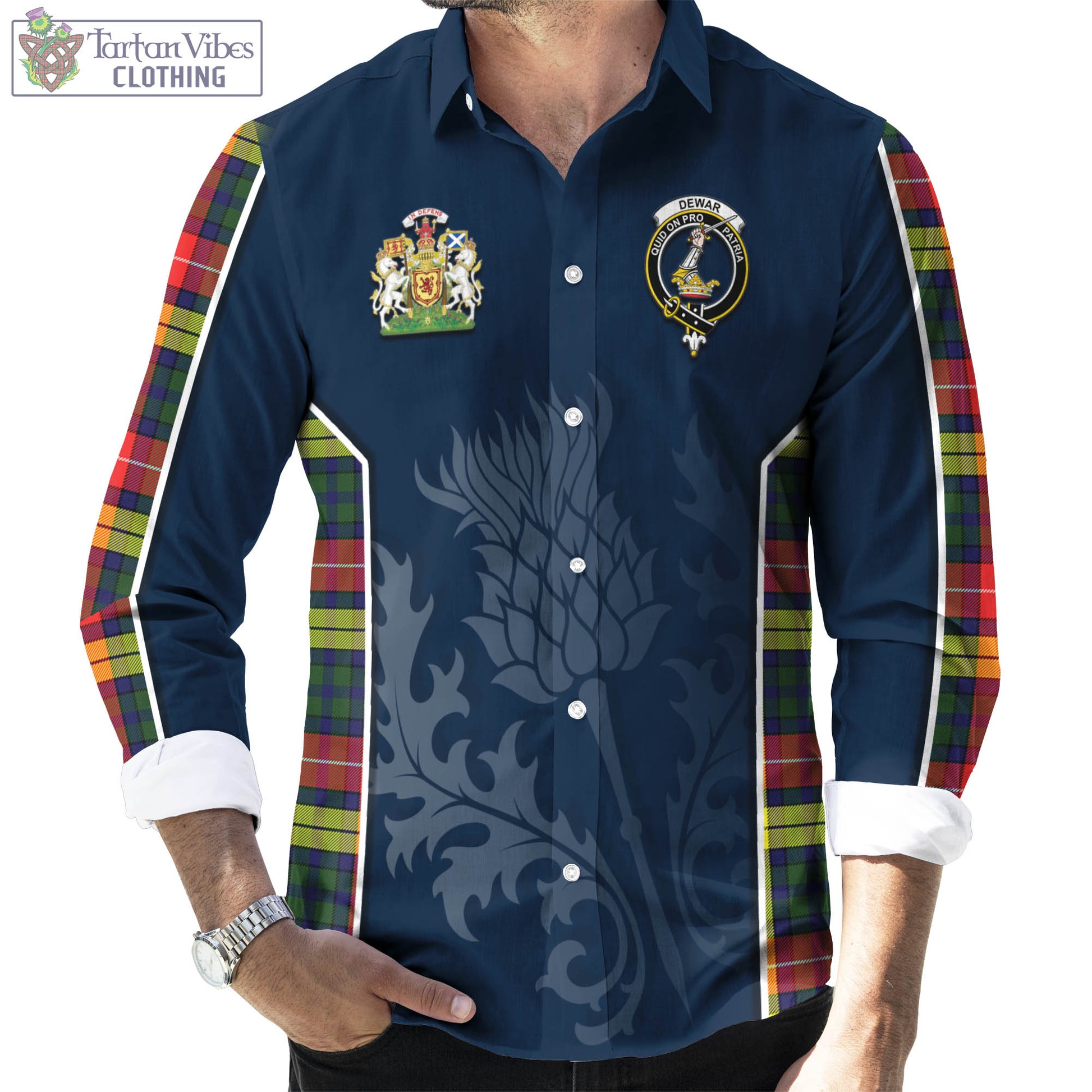 Tartan Vibes Clothing Dewar Tartan Long Sleeve Button Up Shirt with Family Crest and Scottish Thistle Vibes Sport Style