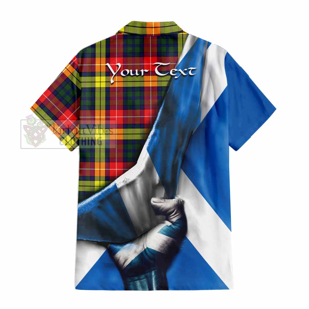 Tartan Vibes Clothing Dewar Tartan Short Sleeve Button Shirt with Family Crest Scotland Patriotic Style