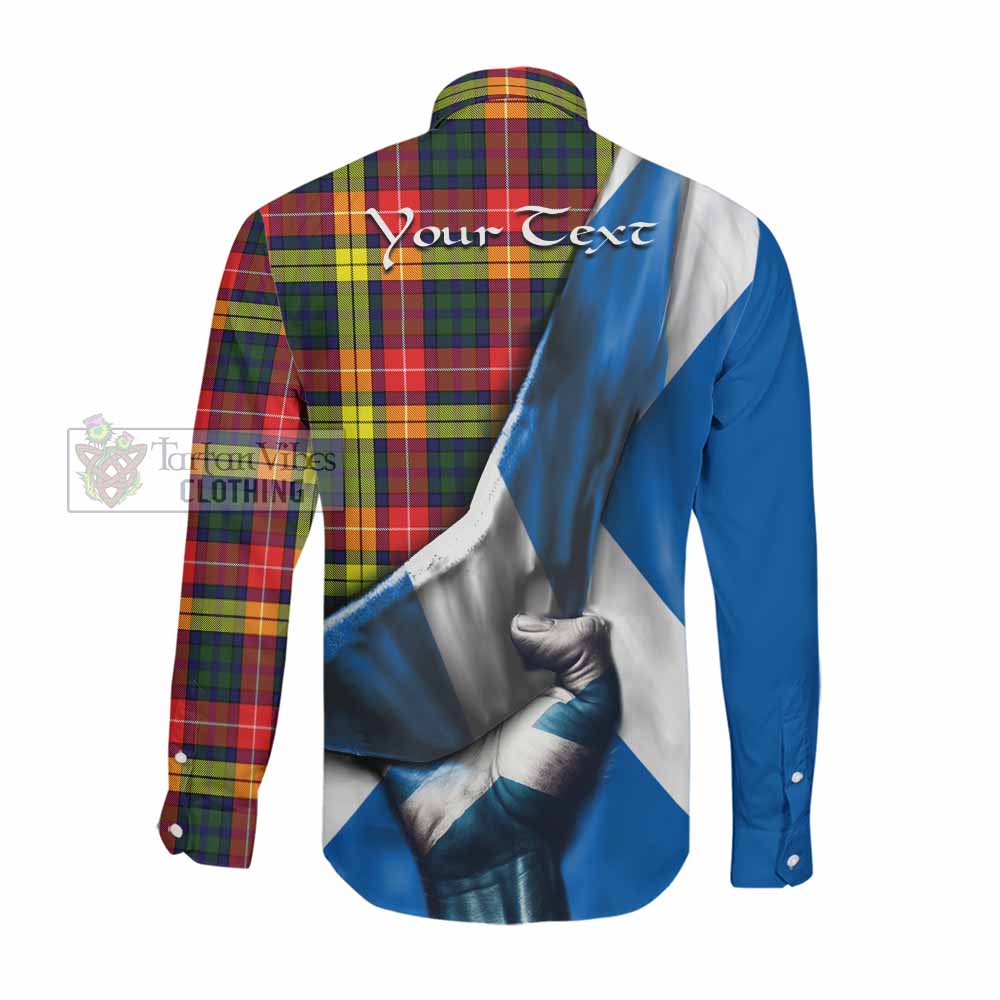 Tartan Vibes Clothing Dewar Tartan Long Sleeve Button Shirt with Family Crest Scotland Patriotic Style