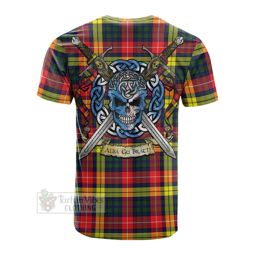 Tartan Vibes Clothing Dewar Tartan Cotton T-shirt with Family Crest Celtic Skull Style