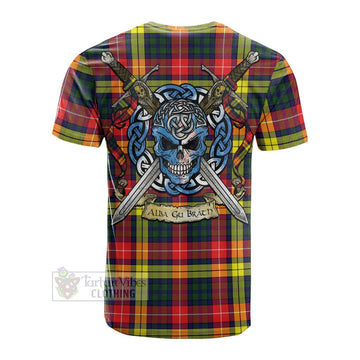 Dewar Tartan Cotton T-shirt with Family Crest Celtic Skull Style