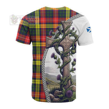 Dewar Tartan Cotton T-shirt with Family Crest and St. Andrew's Cross Accented by Thistle Vines