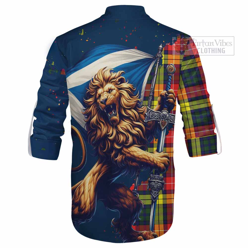 Tartan Vibes Clothing Dewar Tartan Family Crest Ghillie Kilt Shirt with Scottish Majestic Lion