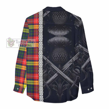 Dewar Tartan Women's Casual Shirt with Family Crest Cross Sword Thistle Celtic Vibes