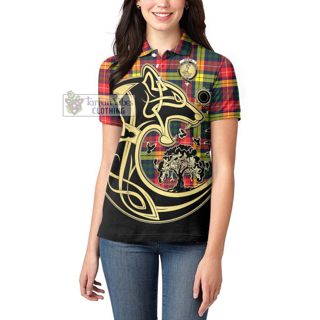 Dewar Tartan Women's Polo Shirt with Family Crest Celtic Wolf Style - Tartanvibesclothing Shop