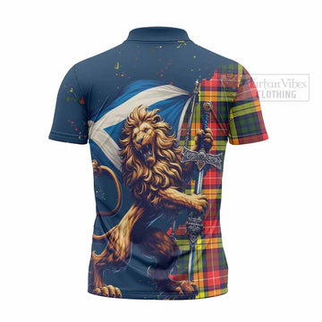 Dewar Tartan Family Crest Zipper Polo Shirt with Scottish Majestic Lion