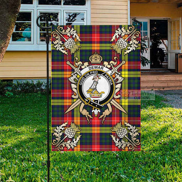 Dewar Tartan Flag with Family Crest and Golden Thistle Crossed Sword Design