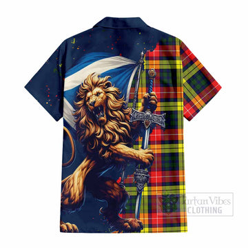 Dewar Tartan Family Crest Short Sleeve Button Shirt with Scottish Majestic Lion