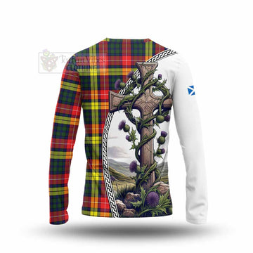 Dewar Tartan Long Sleeve T-Shirt with Family Crest and St. Andrew's Cross Accented by Thistle Vines