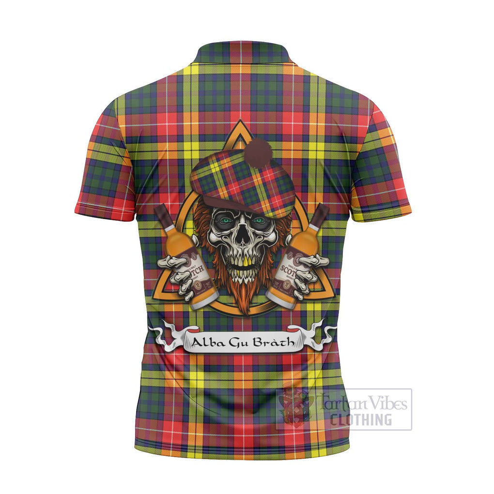 Tartan Vibes Clothing Dewar Tartan Zipper Polo Shirt with Family Crest and Bearded Skull Holding Bottles of Whiskey