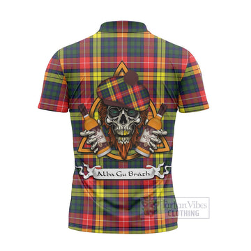 Dewar Tartan Zipper Polo Shirt with Family Crest and Bearded Skull Holding Bottles of Whiskey