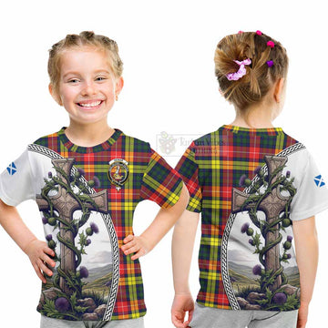 Dewar Tartan Kid T-Shirt with Family Crest and St. Andrew's Cross Accented by Thistle Vines