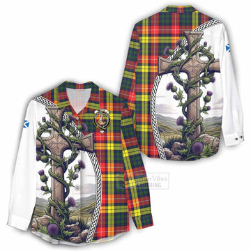 Dewar Tartan Women's Casual Shirt with Family Crest and St. Andrew's Cross Accented by Thistle Vines