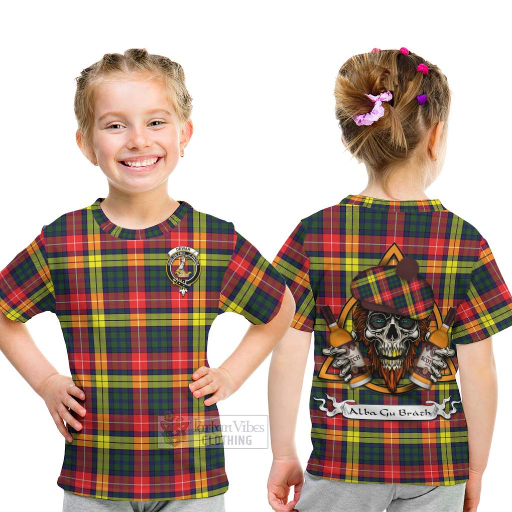 Tartan Vibes Clothing Dewar Tartan Kid T-Shirt with Family Crest and Bearded Skull Holding Bottles of Whiskey